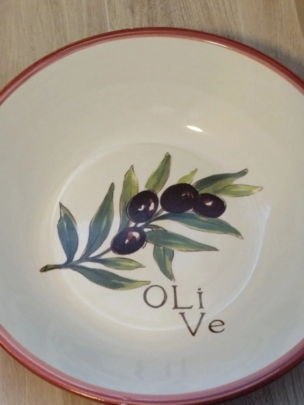 Williams Sonoma Ceramic Serving Bowls with Red Rim and Olive Motif